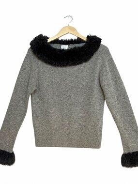 Garnet Hill Angora Lambswool Sweater Faux Fur Trim Gray Black Soft Cozy